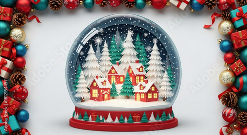A festive snow globe with houses and trees surrounded by christmas ornaments and presents on a white background created with generated ai