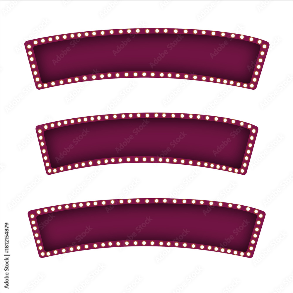Obraz premium Set of three curved purple retro marquee banners with bright glowing light bulbs on an isolated white background. Vintage showbiz sign template, theater advertisement header, movie announcement, or ca