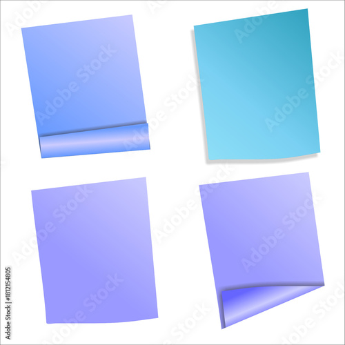 Set of blank square colored sticky notes or memo papers with curled corner and drop shadow effect on white background. Modern office communication elements, reminder tags, important notice banners, an
