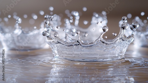 Liquid crown formation multiple droplet splash patterns captured simultaneously on water surface with high-speed macro photography showing complex interaction stages