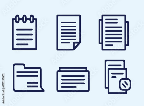 Collection of simple line art icons representing documents, notes, and folders for organization and paperwork.