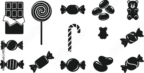Candy silhouettes, chocolate icons, sweet treats, dessert elements, black vector, gummy bears, lollipops, jelly beans, candy canes, flat design, cad drawing flat vector illustration