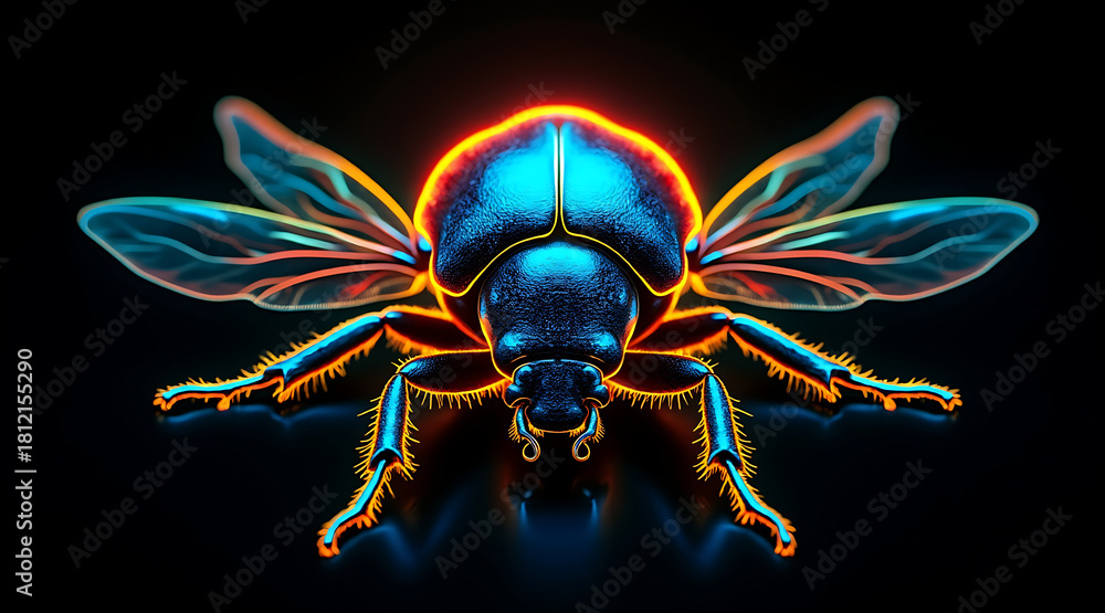 Fototapeta premium Glowing neon digital illustration of bee with vibrant blue and orange colors on black background, showing detailed wings and legs