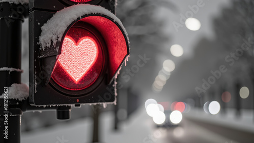 Heart shaped red traffic light covered in snow, glowing softly in wintery scene, evokes sense of warmth and love amidst cold