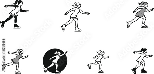 Figure skating poses, motion sequence, graceful athlete, ice sport routine, dynamic silhouette, balance and glide, winter performance, skating technique illustration