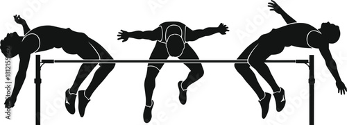 High jump sequence, Fosbury Flop technique, athletic silhouettes, track and field sport, dynamic motion, competitive leap, airborne form, vertical bar clearance