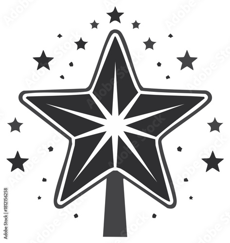 Black and white Christmas star tree topper icon sparkling with smaller stars