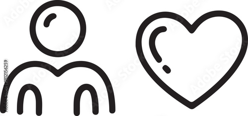 Simple black line drawing of a person and a heart person icon