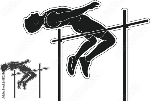 High jump silhouette, athletic leap, track and field sport, airborne motion, competitive jump, athlete in action, vertical pole vault scene