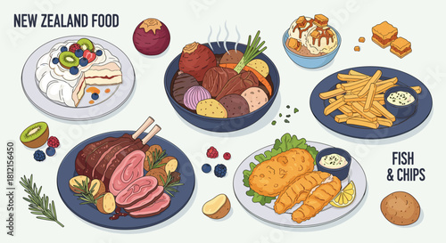 Cartoon Illustration of New Zealand Cuisine: Pavlova, Hangi, Hokey Pokey Ice Cream, Lolly Cake, Roast Lamb, Fish and Chips, and More