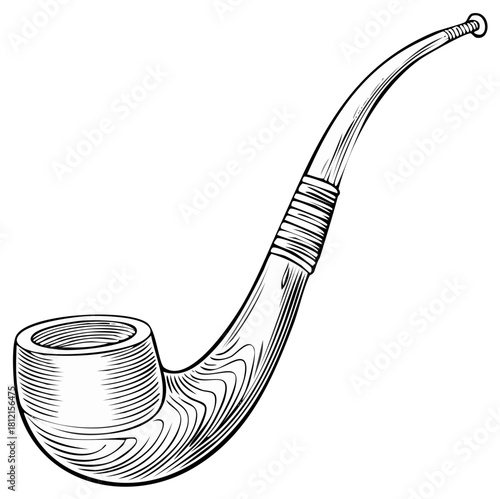 Classic wooden smoking pipe detailed line art illustration with vintage style and curved stem