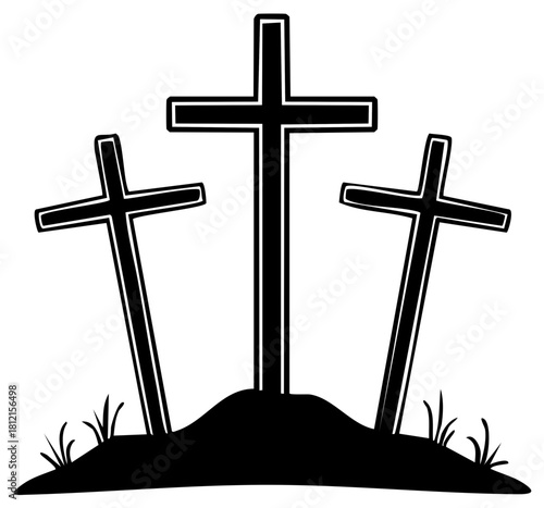 Three Black Christian Crosses on a Hilltop with Grass Silhouette