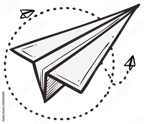 Doodle style paper airplane flying in a circular trajectory with dotted lines and smaller planes