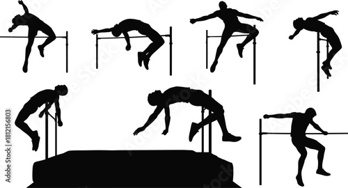 High jump silhouette, Fosbury Flop technique, athletic motion, sports training, track and field, jump sequence, landing pose, Olympic athlete, biomechanics, leap form