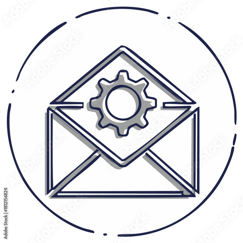 Email automation vector illustration showcasing settings and configuration process for messaging system within circular line art graphic