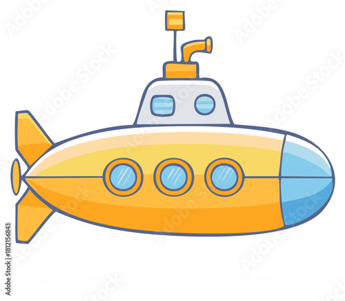 Cute Yellow Cartoon Submarine with Periscope and Portholes Illustration