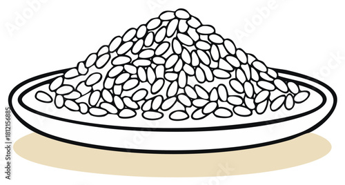 Outline illustration of white beans on a plate, cooking and healthy food concept.