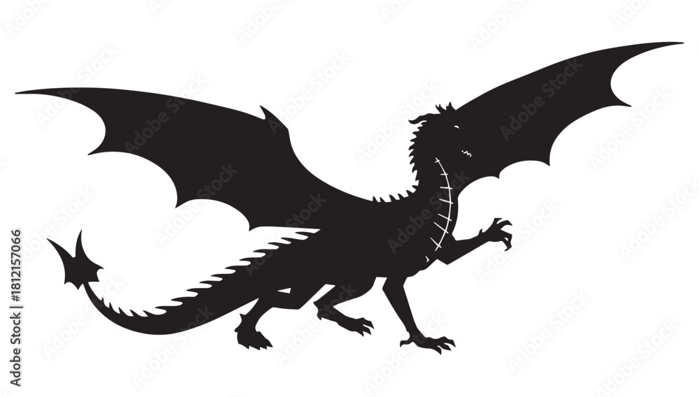 Fototapeta premium Majestic dragon silhouette soaring with impressive wings, perfect for fantasy designs, gaming concepts, and powerful emblem creations for your projects