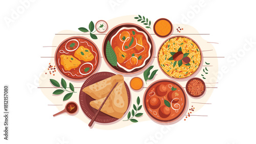 Delicious Indian Cuisine: A Colorful Vector Illustration of Traditional Dishes on a Table Setting, Perfect for Food Blogs and Restaurant Menus