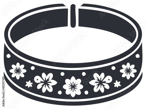 Stylized bracelet with floral pattern and decorative dots, black and white graphic illustration
