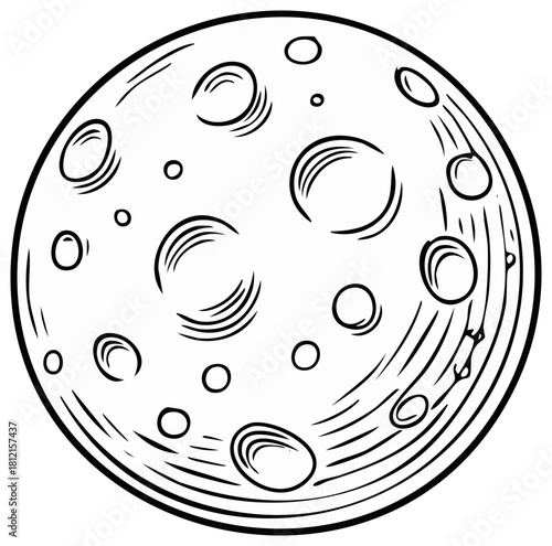 Cartoon Moon with Craters Illustration Astronomy Concept Line Art Full Moon Space Lunar Object