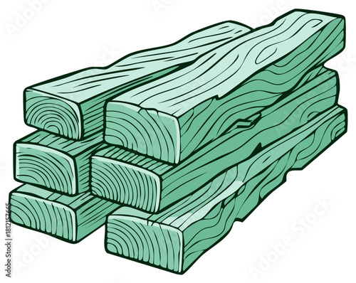 Stylized teal stacked lumber, building material, construction wood timber for projects or home improvement use