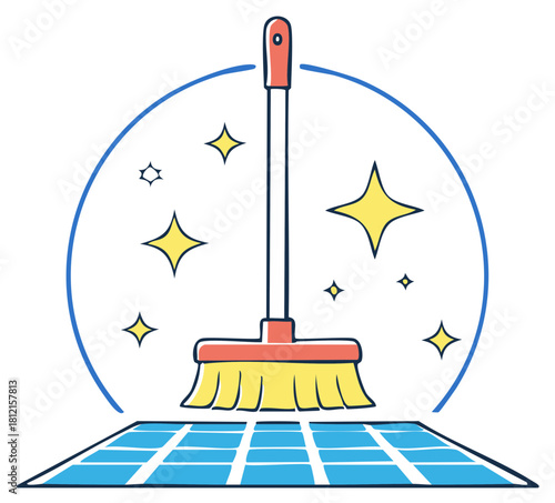 Broom Cleaning Floor with Sparkle Icons, Maintaining Hygiene of Tiled Surface inside Circle with Cleanliness Symbol