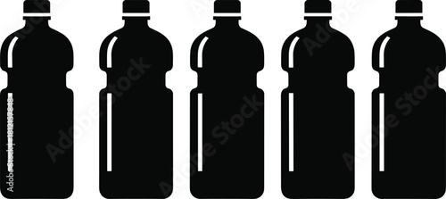 Plastic bottle silhouettes, identical container shapes, black icons in row, packaging symmetry, beverage product design, cad drawing flat vector illustration