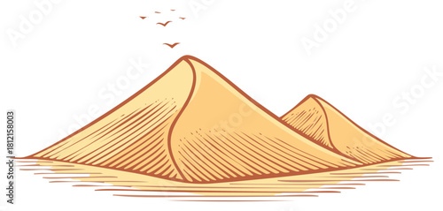 Stylized desert landscape with sand dunes and flying birds against a white background.