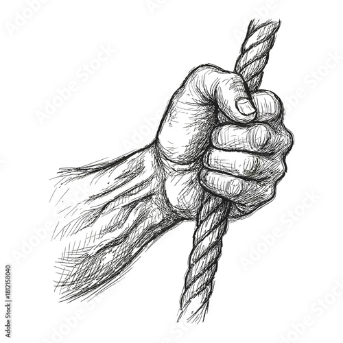 Hand holding rope illustration featuring detailed line work emphasizing texture strength and tension depicting gripping action in monochrome style