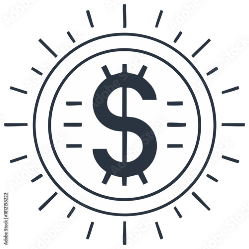 Dollar coin with radiating lines in a simple graphic representation for financial themes