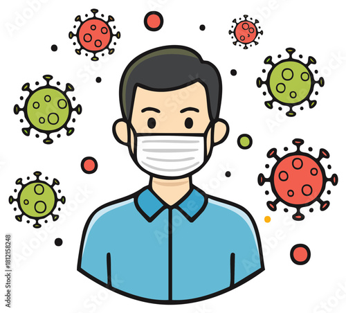 Illustrated person wearing a protective medical mask surrounded by virus particles representing health safety
