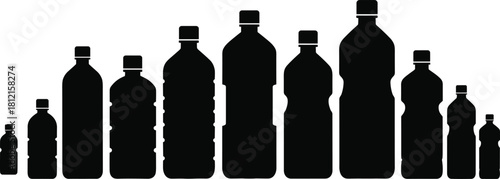 Plastic bottle silhouettes, packaging comparison, black icons, container shapes, beverage storage, recyclable design, cad drawing flat vector illustration, product lineup graphic
