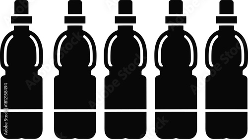 Plastic bottle silhouettes, identical grip design, black icons in row, packaging symmetry, beverage product layout, cad drawing flat vector illustration