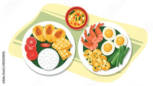 Delicious Gado-Gado Salad: Indonesian Cuisine Featuring Vegetables, Eggs, Tofu, and Peanut Sauce on a Plate with Yellow Cloth on White Background