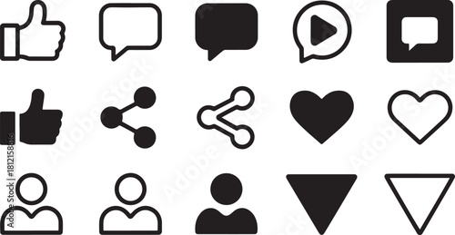 Social media icons thumbs up chat share heart user play button