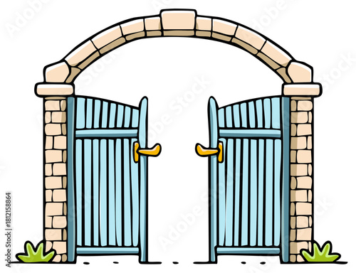 Cartoon style stone gate with arch and blue wooden doors, creating an inviting garden entrance or pathway, with green bushes nearby