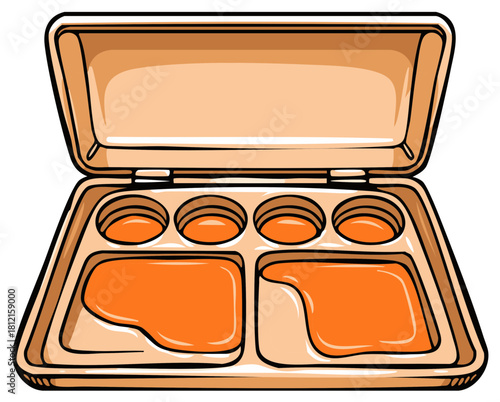 Traditional Japanese bento box illustration with orange food compartments ready for a meal