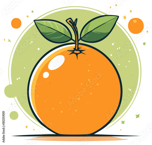 Illustration of a vibrant orange fruit with leaves and a green and orange background