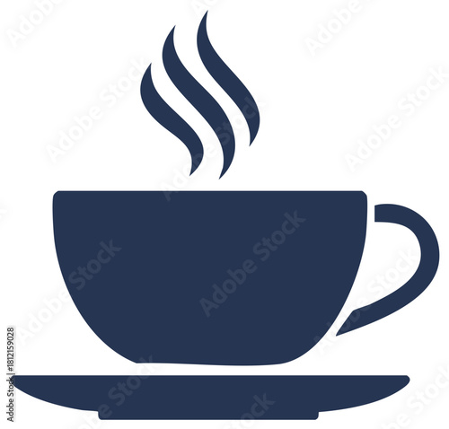 Steaming coffee cup icon on saucer, hot drink graphic symbol for breakfast or cafe