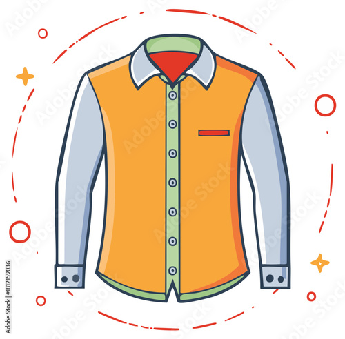 Stylish colorful long sleeve button down shirt in a flat cartoon vector illustration style.