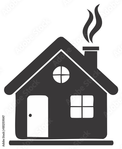 House icon with smoke coming from the chimney, design of a simple house with door and windows, family home