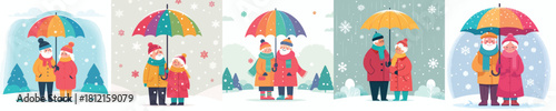 old couple walking with umbrellas under falling snow