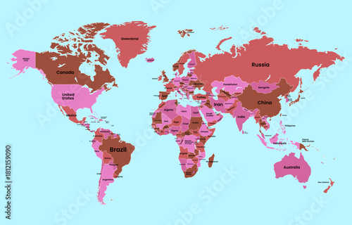 political  World map With Its Country Names Isolated On Blue Background