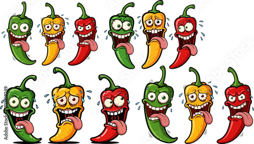 Cartoon chili peppers expressing different emotions with funny faces and tongues out