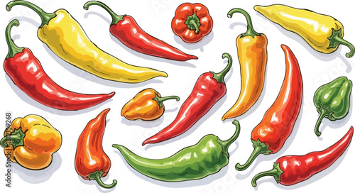 Assortment of colorful chili peppers creating a vibrant and spicy food background