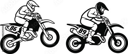 Silhouette vector motocross riders performing jumps on dirt bikes, extreme racing action illustration, sports competition design, dynamic motorbike artwork