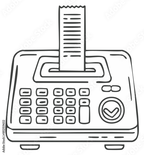 Hand-drawn calculator with receipt emerging from slot and numeric keypad