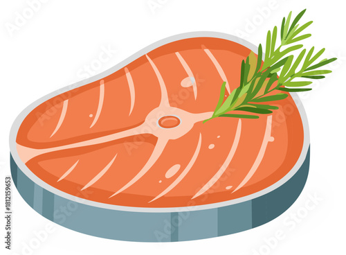 Grilled salmon steak with fresh rosemary sprig vector illustration for healthy eating