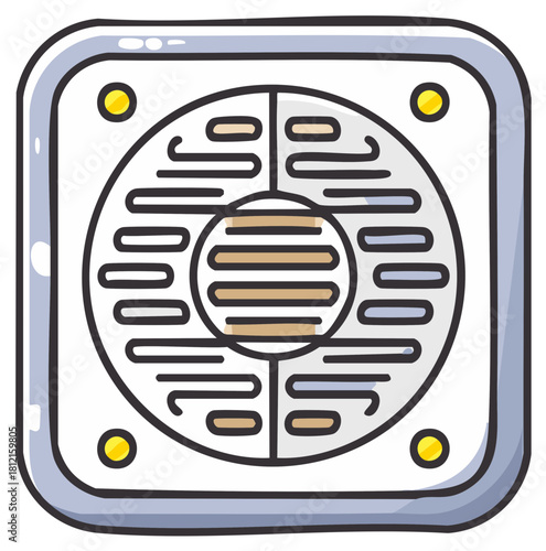 Square white vent cover illustration, detailed circular patterned ventilation grate with yellow circles on corners
